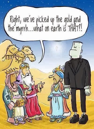 cartoon of 3 wise men with Gold, Myrrh and Frankenstein